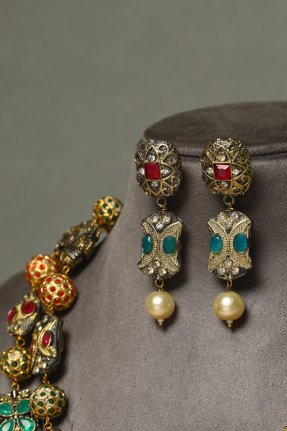 Gold Finish Ruby & Emerald Temple Necklace Set In Sterling Silver