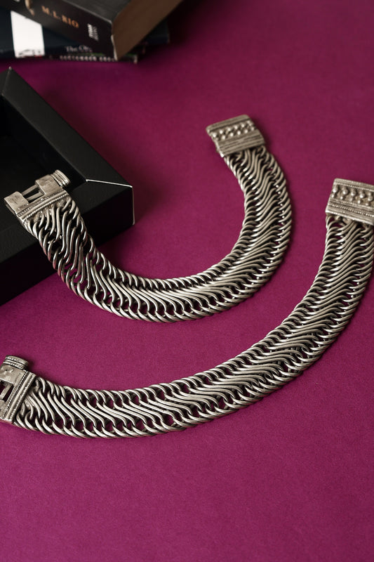 White Finish Temple Anklets In Sterling Silver (Set Of 2)