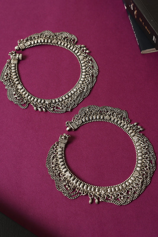 White Finish Temple Anklets In Sterling Silver (Set Of 2)
