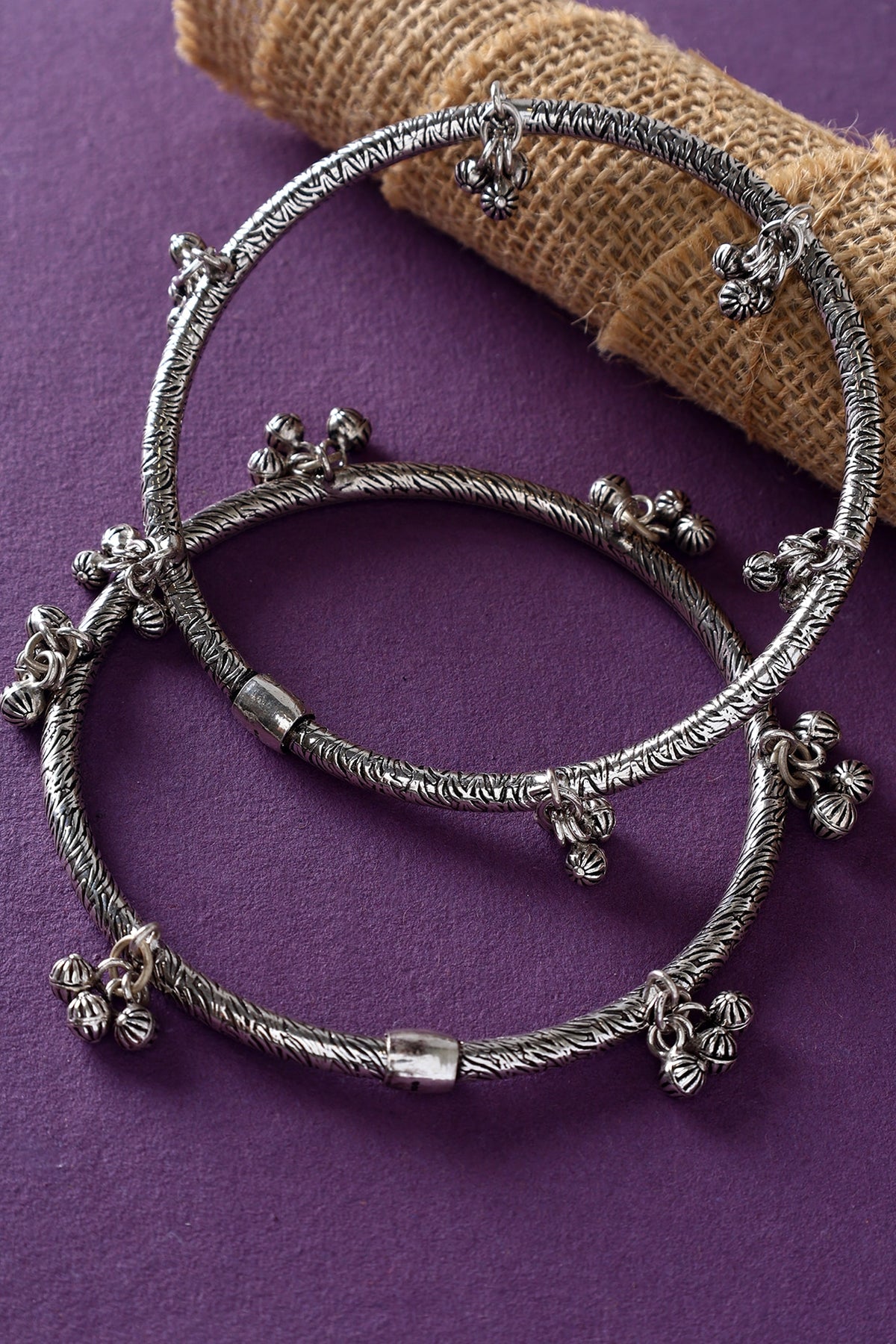 White Finish Temple Anklets In Sterling Silver (Set Of 2)