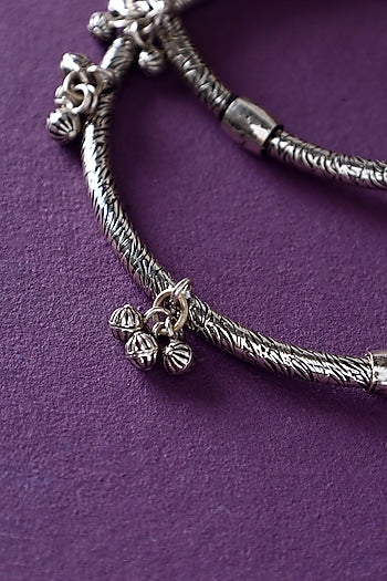 White Finish Temple Anklets In Sterling Silver (Set Of 2)