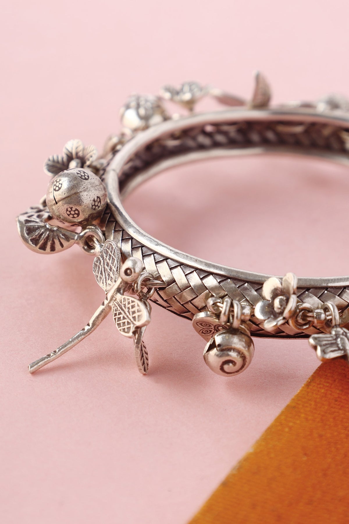 White Finish Temple Bangle In Sterling Silver