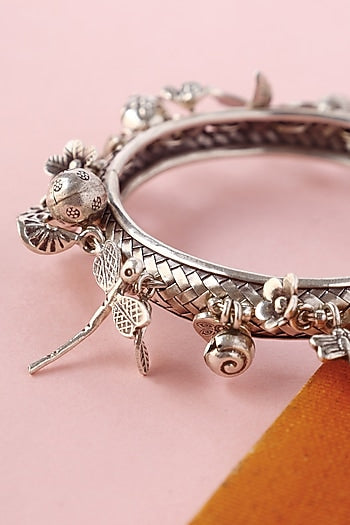 White Finish Temple Bangle In Sterling Silver