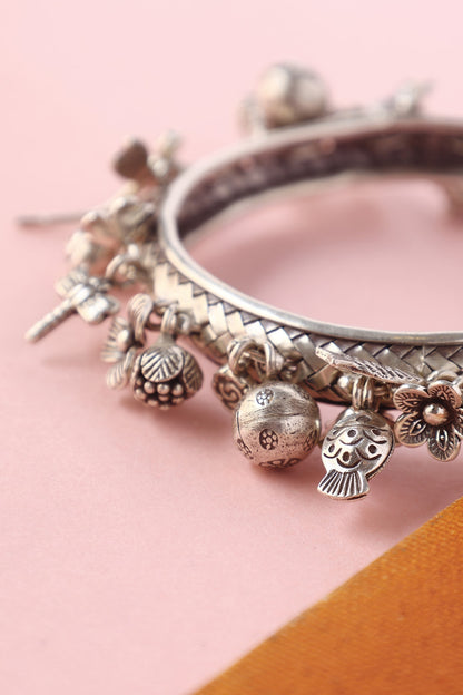White Finish Temple Bangle In Sterling Silver