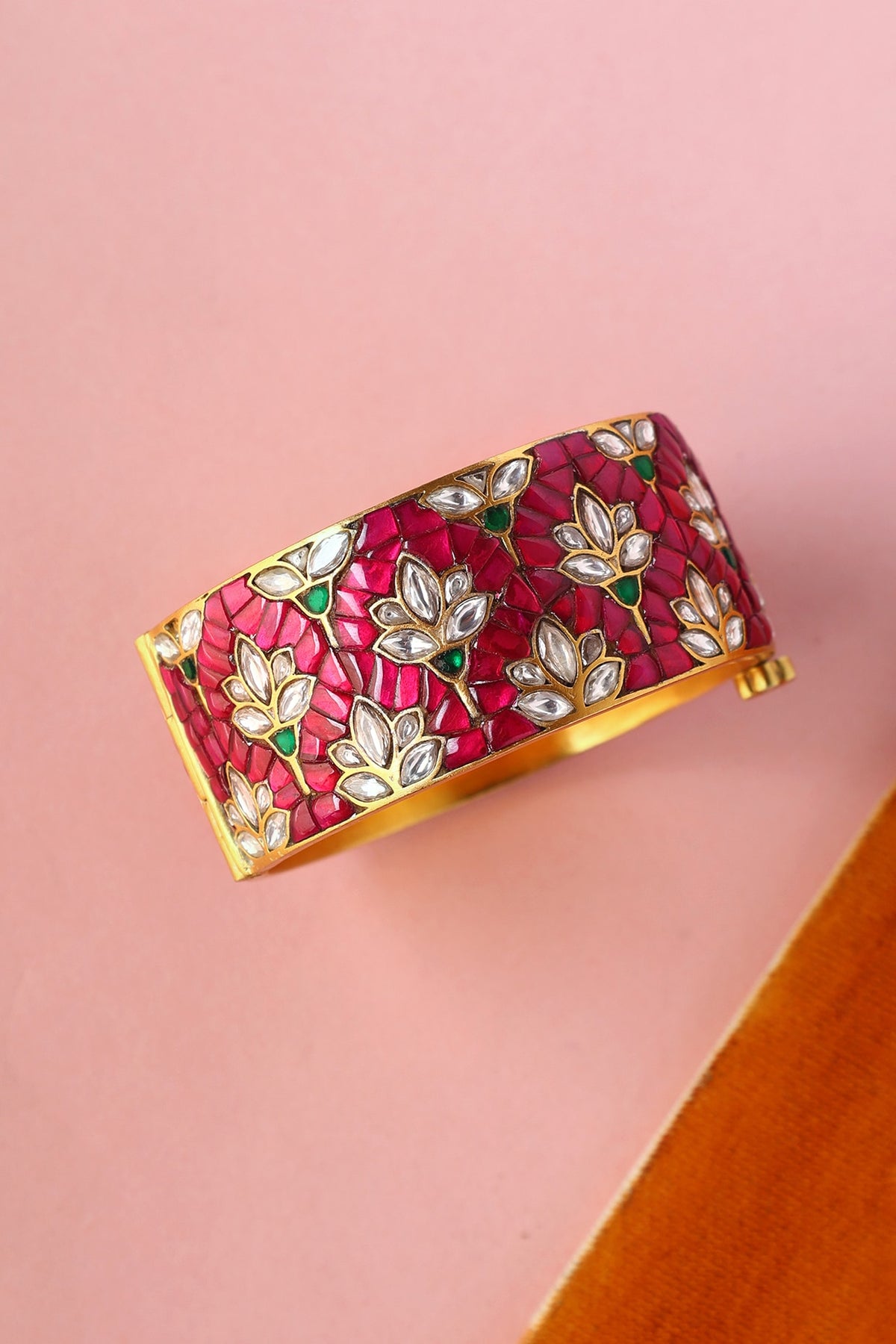 White Finish Kundan Polki Temple Bangle In Sterling Silver