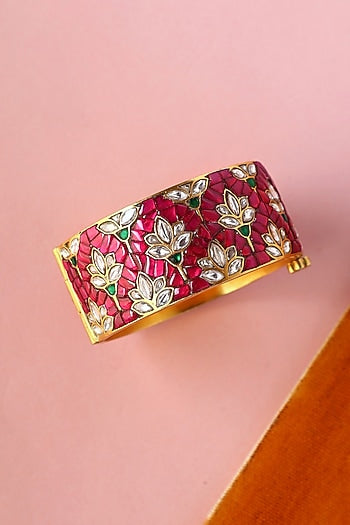 White Finish Kundan Polki Temple Bangle In Sterling Silver