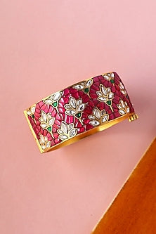 White Finish Kundan Polki Temple Bangle In Sterling Silver