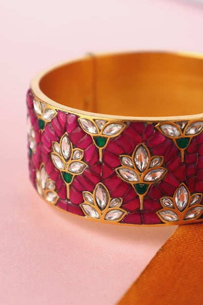 White Finish Kundan Polki Temple Bangle In Sterling Silver