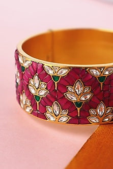 White Finish Kundan Polki Temple Bangle In Sterling Silver