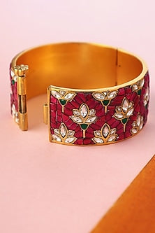 White Finish Kundan Polki Temple Bangle In Sterling Silver