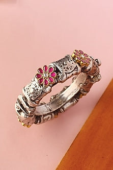 White Finish Kundan Polki Temple Bangle In Sterling Silver