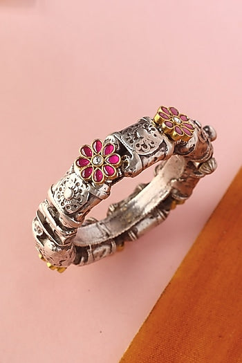 White Finish Kundan Polki Temple Bangle In Sterling Silver
