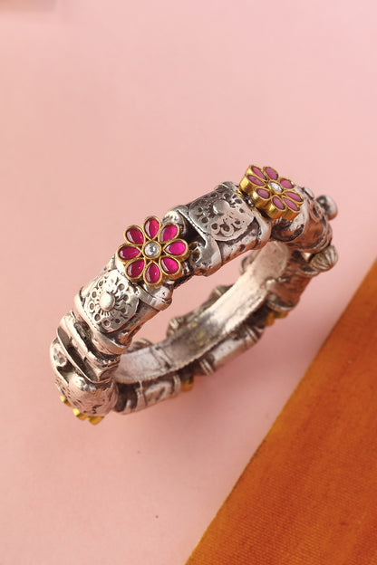 White Finish Kundan Polki Temple Bangle In Sterling Silver