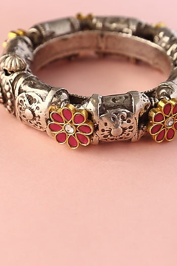 White Finish Kundan Polki Temple Bangle In Sterling Silver