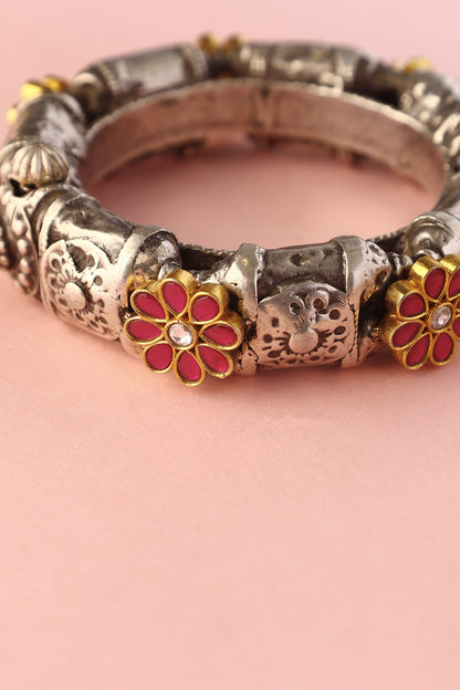 White Finish Kundan Polki Temple Bangle In Sterling Silver