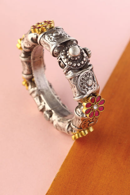 White Finish Kundan Polki Temple Bangle In Sterling Silver