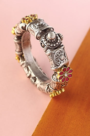 White Finish Kundan Polki Temple Bangle In Sterling Silver
