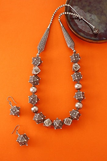 White Finish Temple Necklace Set In Sterling Silver