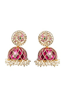 Gold Finish Pink Galore Jhumka Earrings