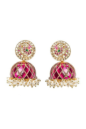 Gold Finish Pink Galore Jhumka Earrings
