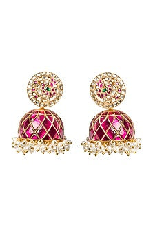 Gold Finish Pink Galore Jhumka Earrings