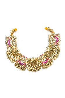 Gold Finish Pink Kemp Stone Necklace