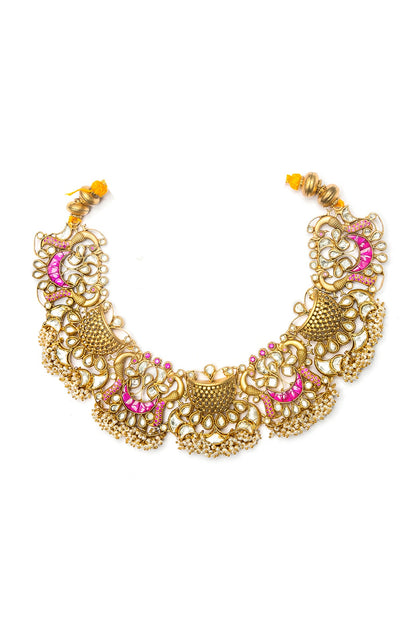 Gold Finish Pink Kemp Stone Necklace