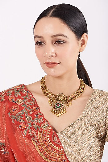 Gold Finish Temple Necklace In Sterling Silver