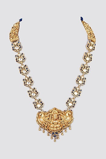 Gold Finish Sapphire Synthetic Stone Temple Necklace In Sterling Silver