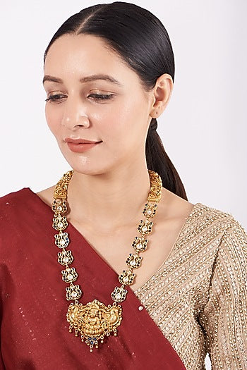 Gold Finish Sapphire Synthetic Stone Temple Necklace In Sterling Silver
