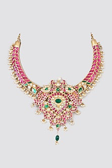 Gold Finish Kundan Polki Necklace In Sterling Silver