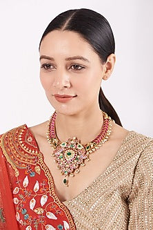 Gold Finish Kundan Polki Necklace In Sterling Silver