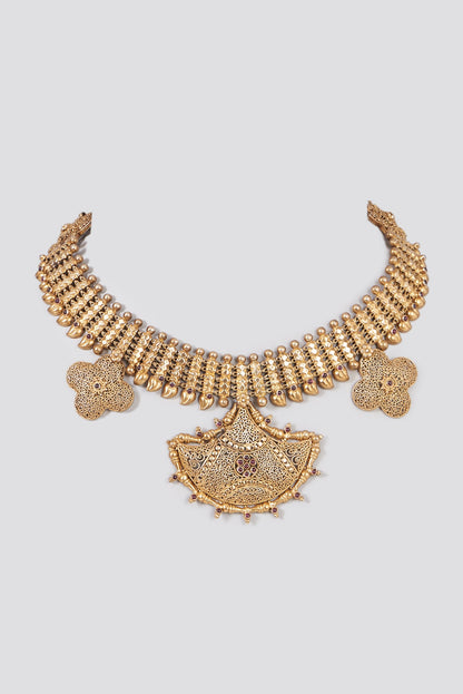 Gold Finish Temple Handcrafted Necklace In Sterling Silver