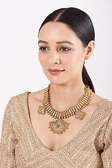 Gold Finish Temple Handcrafted Necklace In Sterling Silver