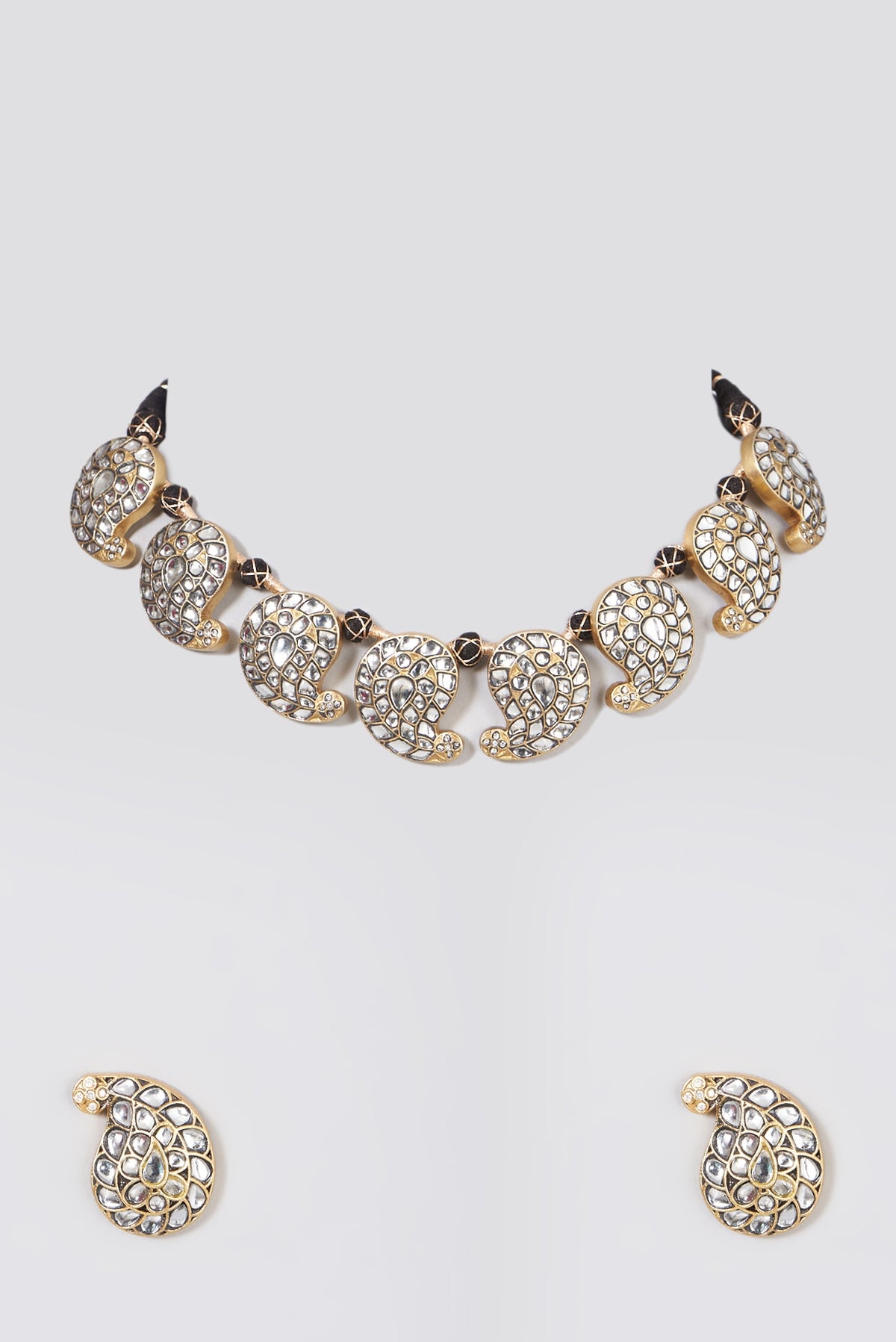 Gold Finish Kundan Polki Necklace Set In Sterling Silver