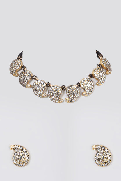 Gold Finish Kundan Polki Necklace Set In Sterling Silver