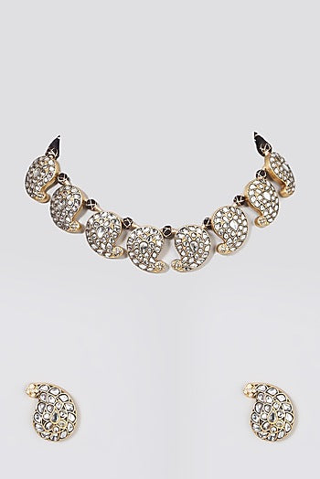 Gold Finish Kundan Polki Necklace Set In Sterling Silver