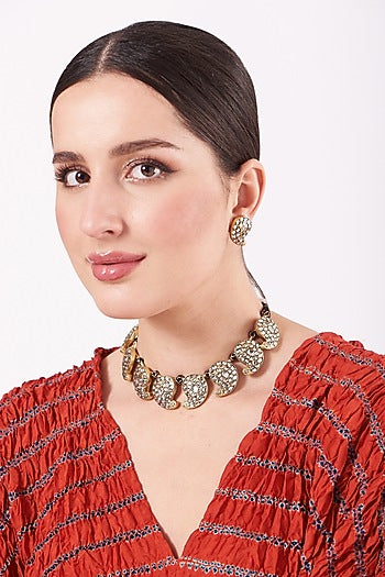 Gold Finish Kundan Polki Necklace Set In Sterling Silver