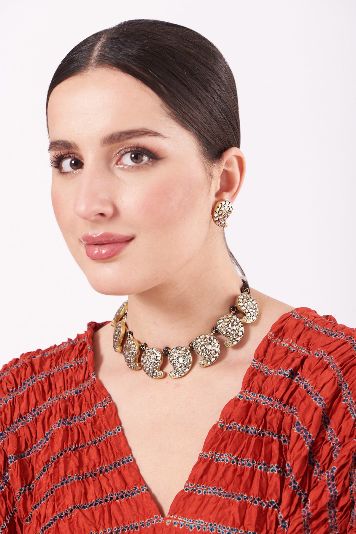 Gold Finish Kundan Polki Necklace Set In Sterling Silver