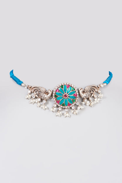 White Finish Pearl Peacock Choker Necklace In Sterling Silver