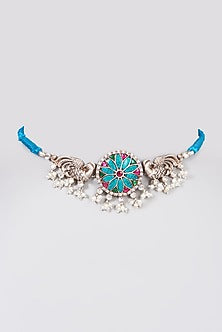 White Finish Pearl Peacock Choker Necklace In Sterling Silver
