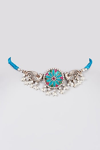 White Finish Pearl Peacock Choker Necklace In Sterling Silver