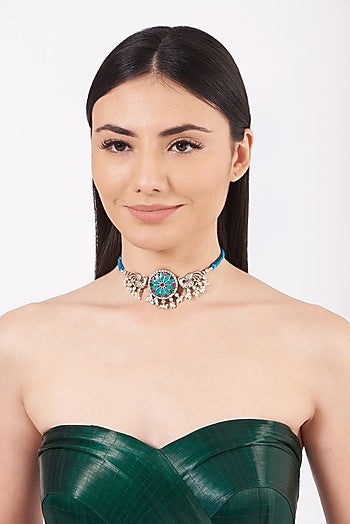 White Finish Pearl Peacock Choker Necklace In Sterling Silver