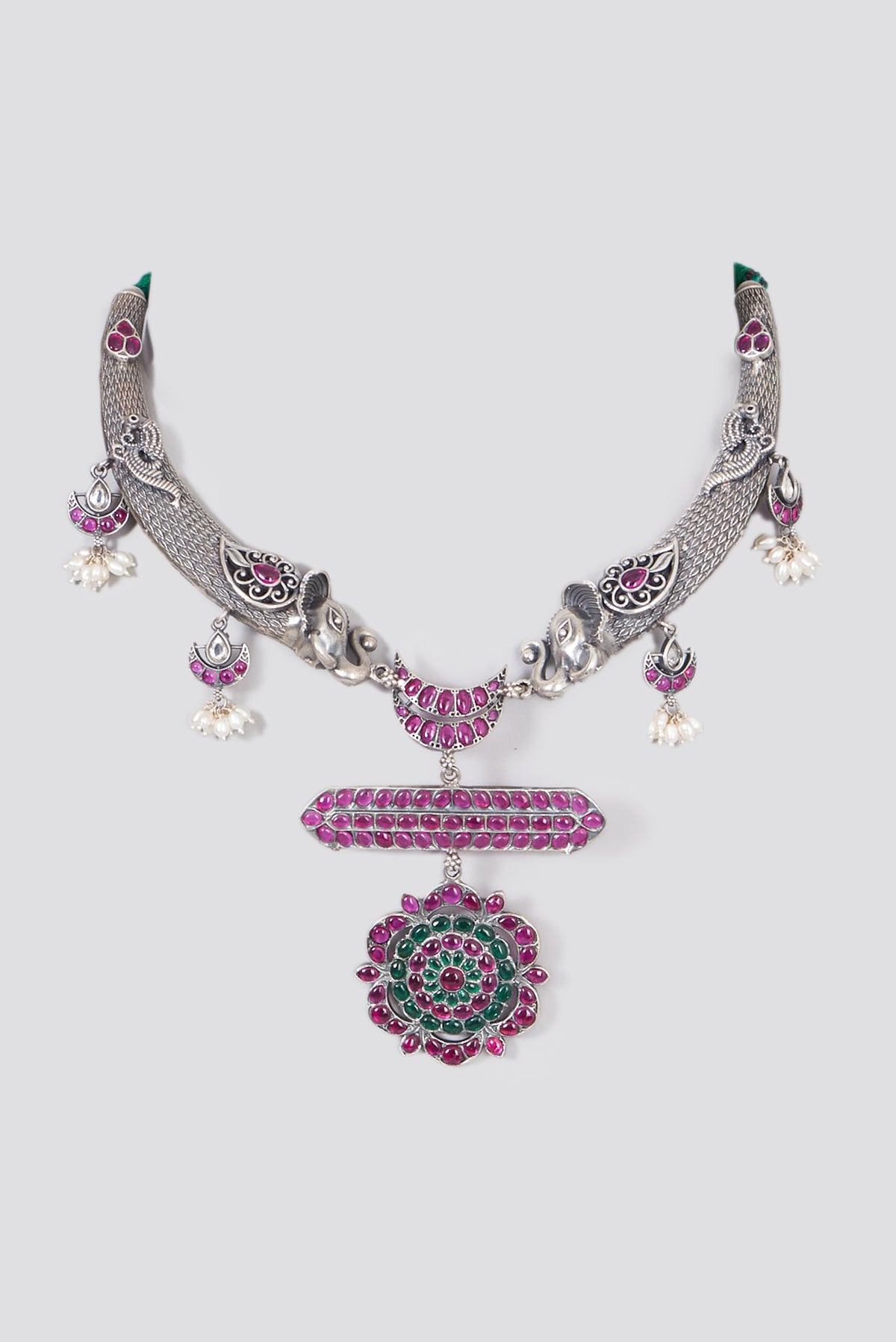 White Finish Ruby Handcrafted Necklace In Sterling Silver