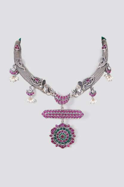 White Finish Ruby Handcrafted Necklace In Sterling Silver