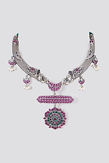 White Finish Ruby Handcrafted Necklace In Sterling Silver