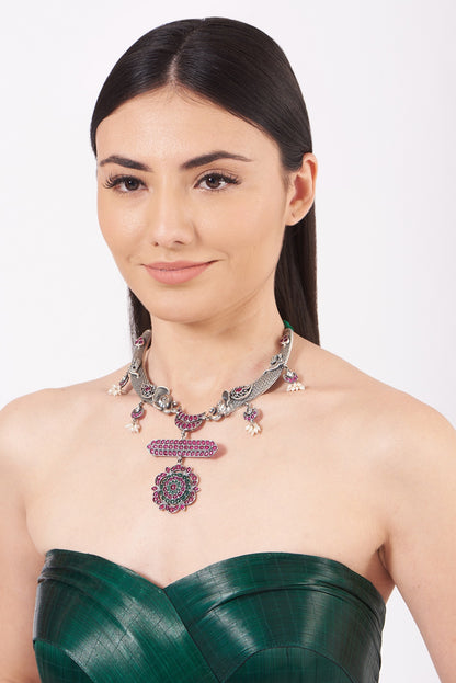 White Finish Ruby Handcrafted Necklace In Sterling Silver