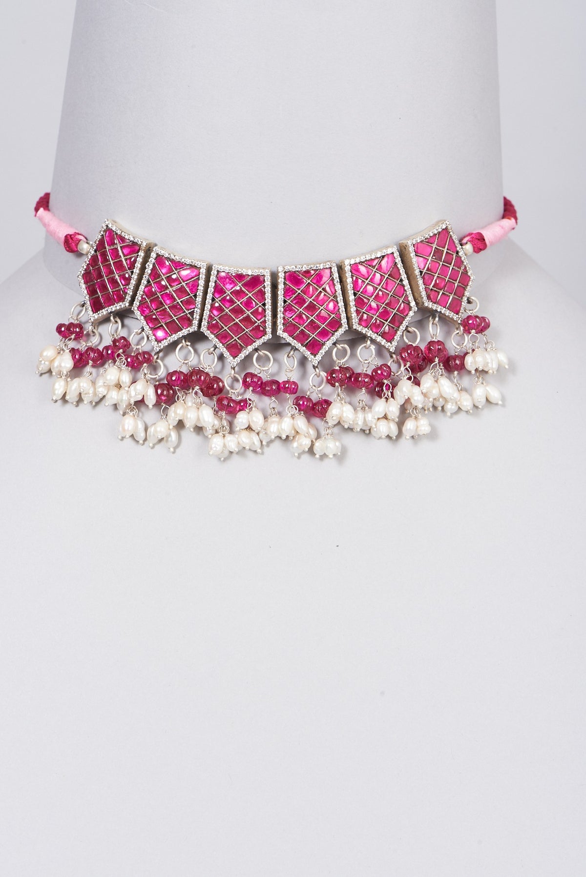White Finish Ruby Kemp Stone Necklace In Sterling Silver