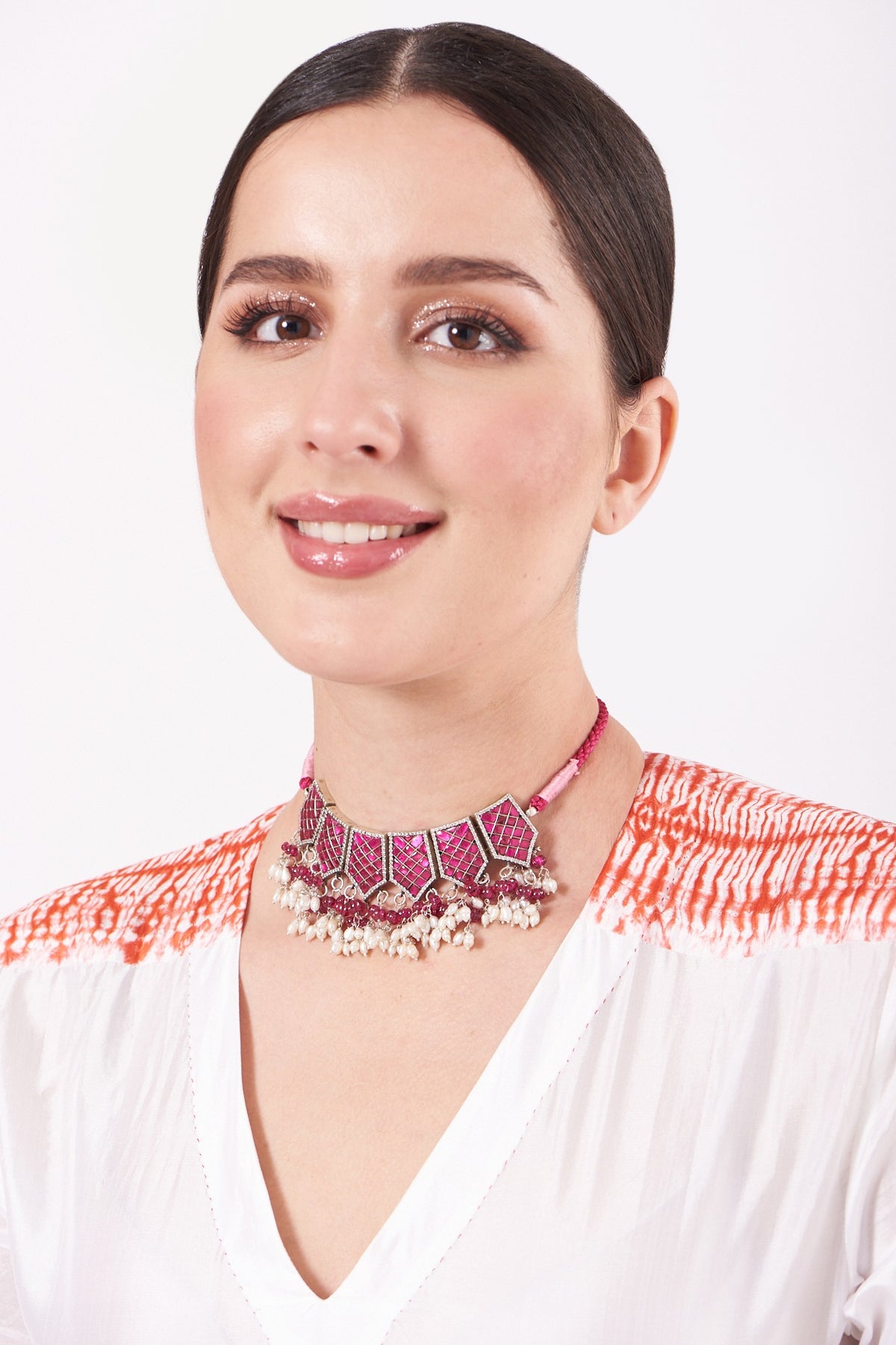 White Finish Ruby Kemp Stone Necklace In Sterling Silver