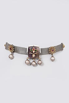 Two Tone Finish Rubies Choker Necklace In Sterling Silver
